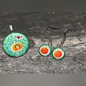 Lisa Frank Inspired Necklace Pendant & Earrings Green Set Handmade Halloween New